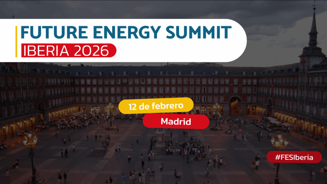 Future Energy Summit Iberia 2026 in Madrid on February 12, featuring Plaza Mayor with the event title.