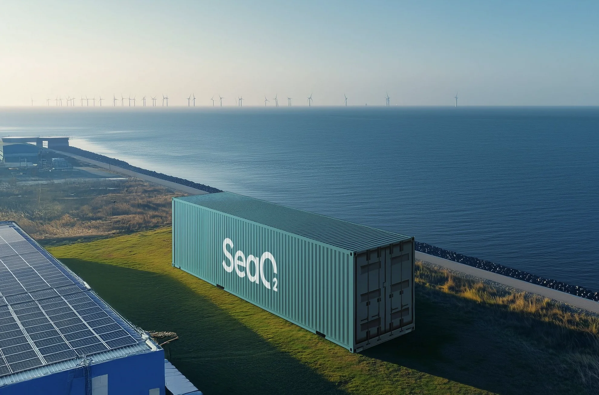 SeaO₂ containerized Direct Ocean Capture system located near the coast, designed to remove CO₂ from seawater using renewable electricity.