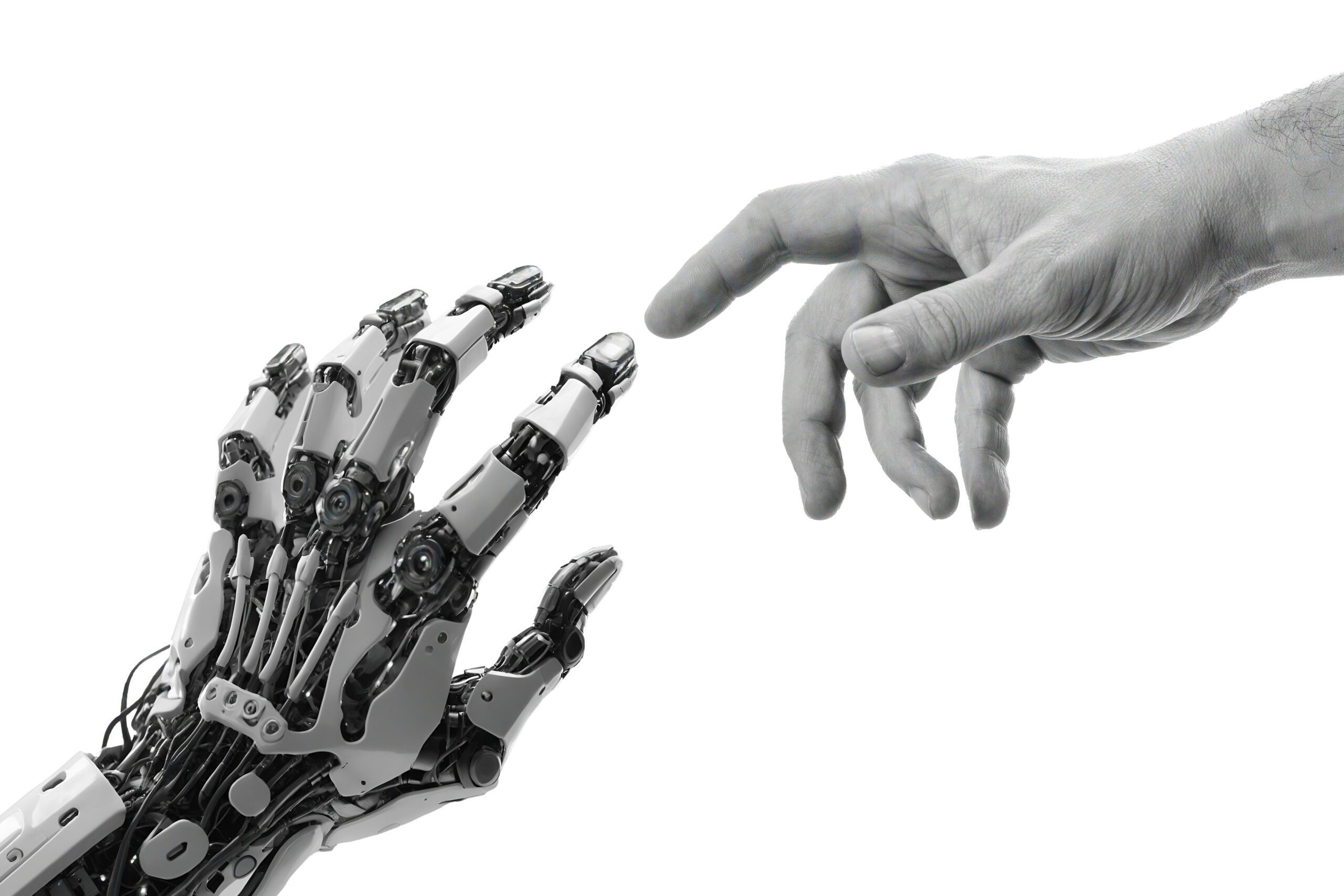 Human and robotic hands reaching toward each other, symbolizing the relationship between human creativity and artificial intelligence.