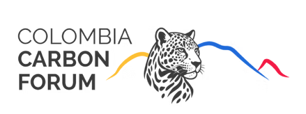 Logo de Colombia Carbon Forum: ilustración de un jaguar acompañada de líneas en amarillo, azul y rojo, junto al nombre del evento.