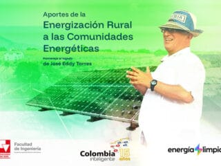 Imagen promocional del evento “Aportes de la Energización Rural a las Comunidades Energéticas”, homenaje al legado de José Eddy Torres. La imagen muestra a JET sonriendo frente a un panel solar en un entorno rural, con logos de la Universidad del Valle, Colombia Inteligente y Energía Limpia.