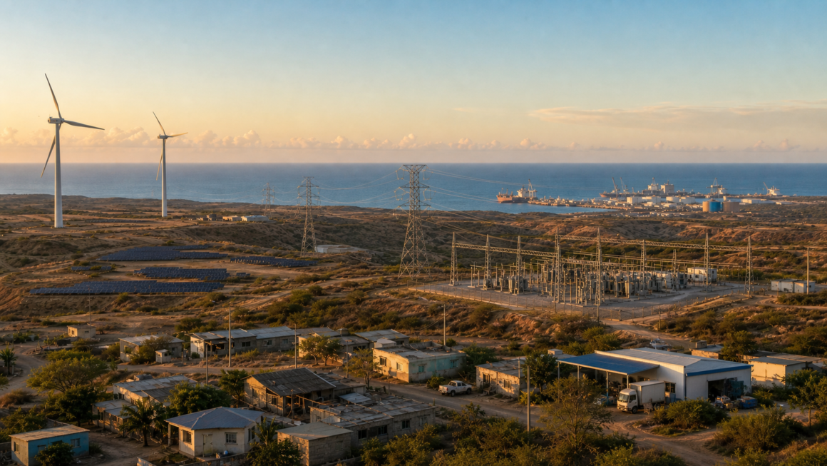 Paisaje energético del Caribe colombiano con aerogeneradores, paneles solares, líneas de transmisión, una comunidad y un puerto industrial.