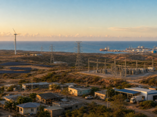 Paisaje energético del Caribe colombiano con aerogeneradores, paneles solares, líneas de transmisión, una comunidad y un puerto industrial.
