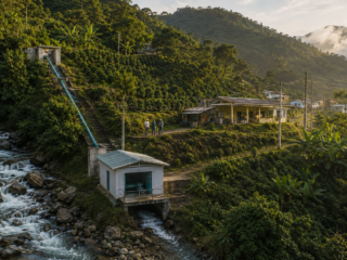Microcentral hidroeléctrica comunitaria que suministra energía a una población rural en las montañas de Colombia.