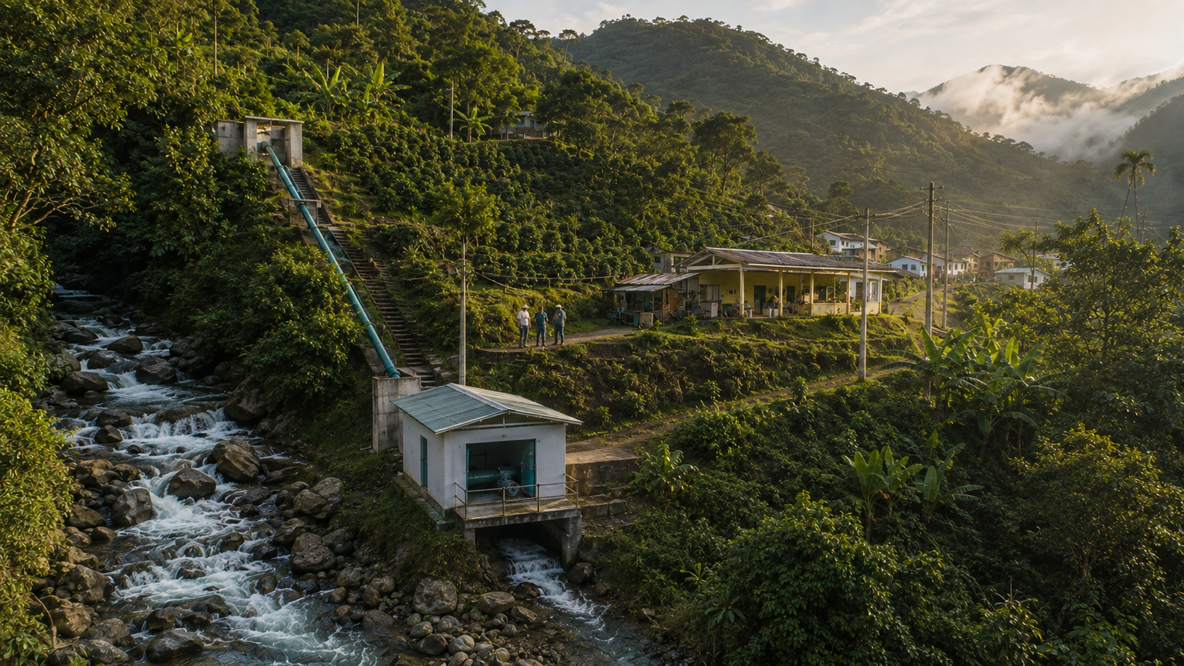 Microcentral hidroeléctrica comunitaria que suministra energía a una población rural en las montañas de Colombia.
